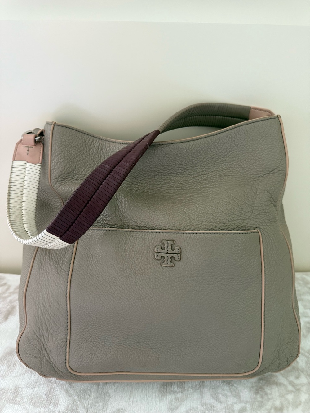 Tory Burch Taupe Gray Pebbled Leather Shoulder Bag Hobo